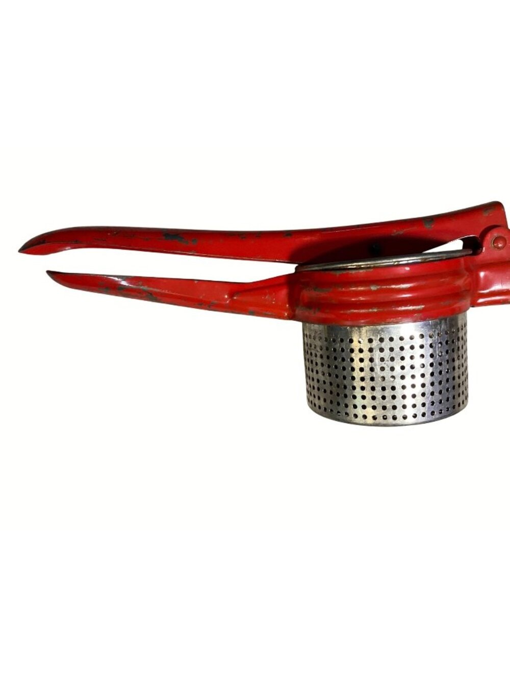 Red Metal Potato Ricer With Perforated Basket And Press Handle Vintage
